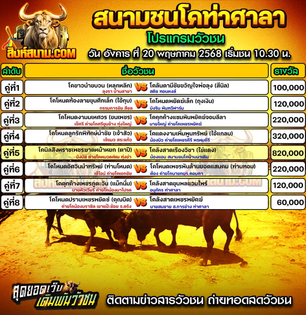 โปรแกรมวัวนสนามกีฬาชนโคท่าศาลา วันที่ 20 พฤษภาคม 2568