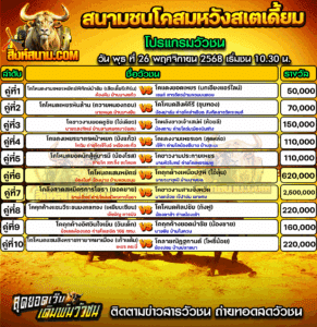 โปรแกรมวัวชน สนามกีฬาชนโคสมหวังสเตเดี้ยม