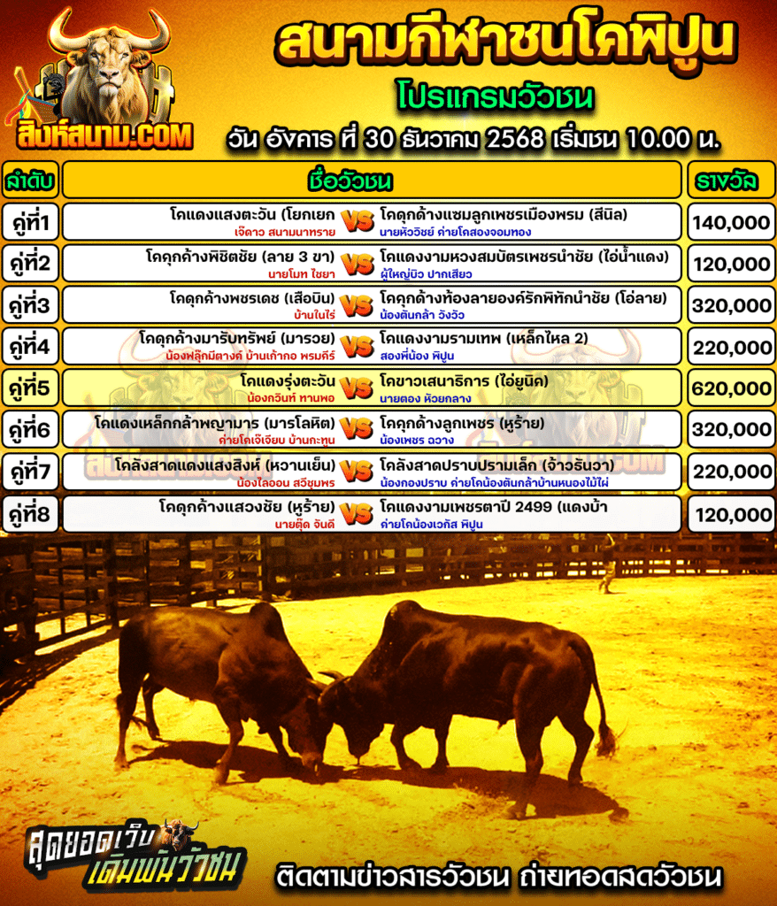 โปรแกรมวัวชน สนามกีฬาชนโคพิปูน วันอังคาร ที่ 30 ธันวาคม 2568