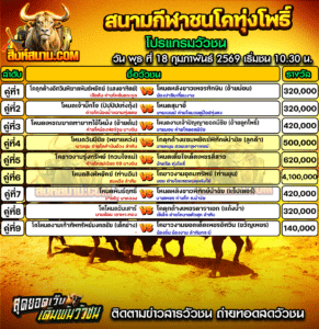 โปรแกรมวัวชน สนามกีฬาชนโคทุ่งโพธิ์