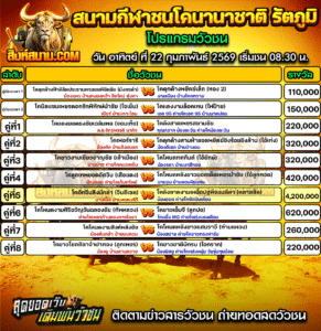 โปรแกรมวัวชน สนามกีฬาชนโคนานาชาติ รัตภูมิ