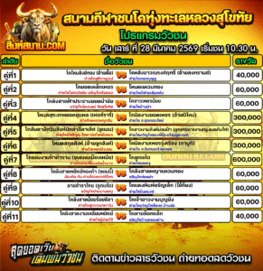 โปรแกรมวัวชน สนามกีฬาชนโคทุ่งทะเลหลวงสุโขทัย