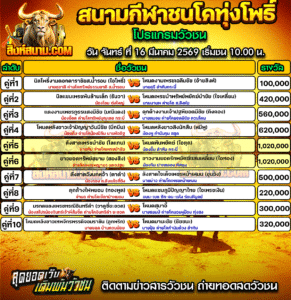 โปรแกรมวัวชน สนามกีฬาชนโคทุ่งโพธิ์