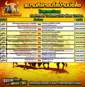 โปรแกรมวัวชน สนามกีฬาชนโคบ้านบ่อล้อ