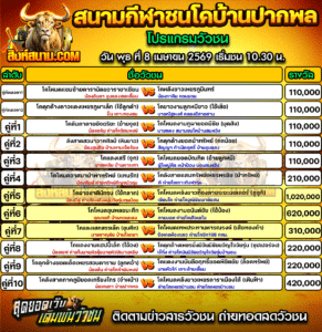 โปรแกรมวัวชน สนามกีฬาชนโคบ้านปากพล